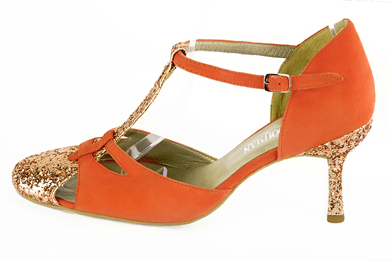 Copper gold and clementine orange women's T-strap open side shoes. Round toe. High slim heel. Profile view - Florence KOOIJMAN